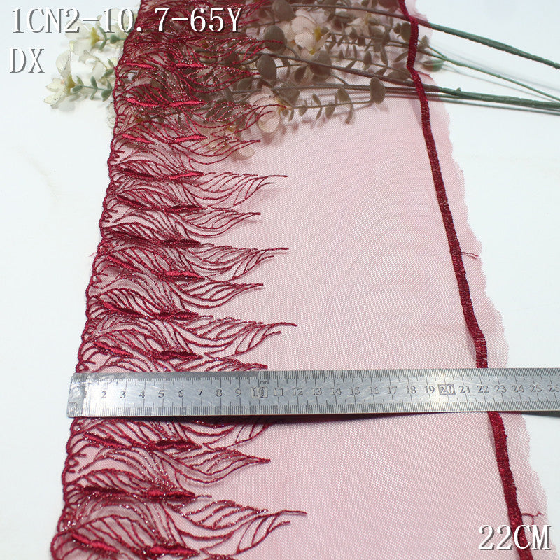 FREEDOMBEAUTY | Modern Crimson Silver Thread Rolled Leaf Mesh Embroidery Lace, Clothing Dress Lace Accessories