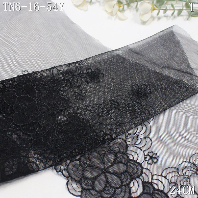 FREEDOMBEAUTY | [1Pack] Black mesh embroidery lace exquisite ethnic style stacked flowers 24cm clothing home textile lace accessories