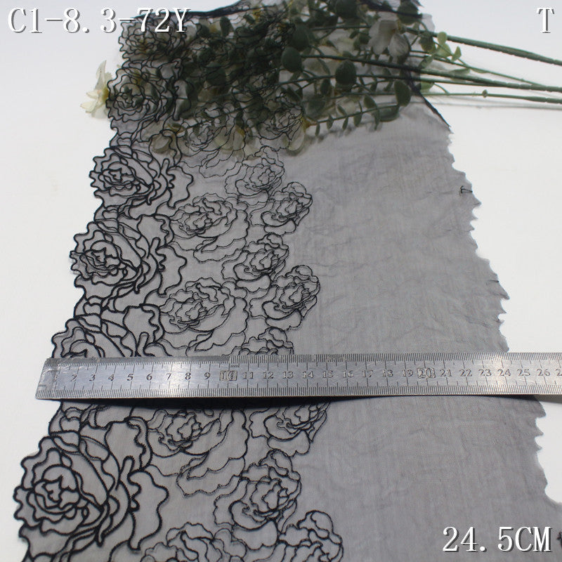 【1Pack】-Freedombeauty | Black mesh yarn simple unilateral tracing tight floral embroidery lace 24.5cm clothing accessories