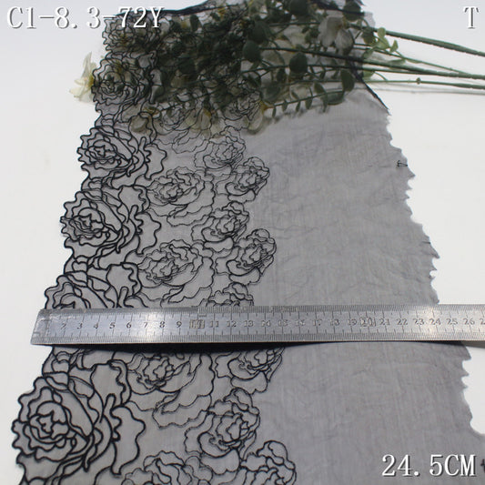 【1Pack】-Freedombeauty | Black mesh yarn simple unilateral tracing tight floral embroidery lace 24.5cm clothing accessories