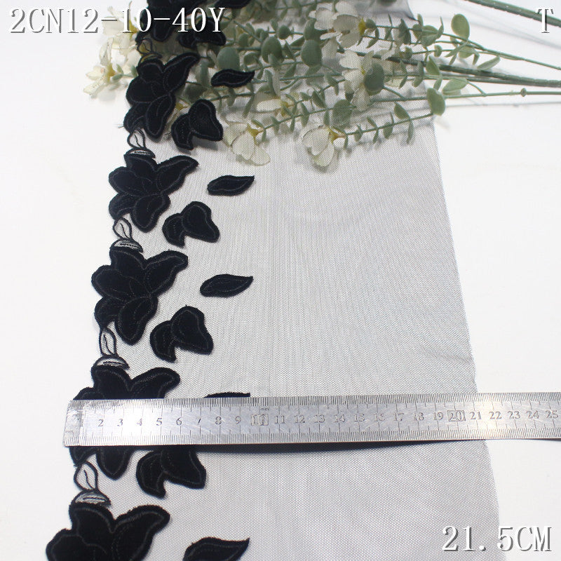 FREEDOMBEAUTY | [1pack] Black Exquisite Flocked Fiber Cloth Flower Mesh Embroidery Lace 21.5cm Dress Wedding Lace Accessories