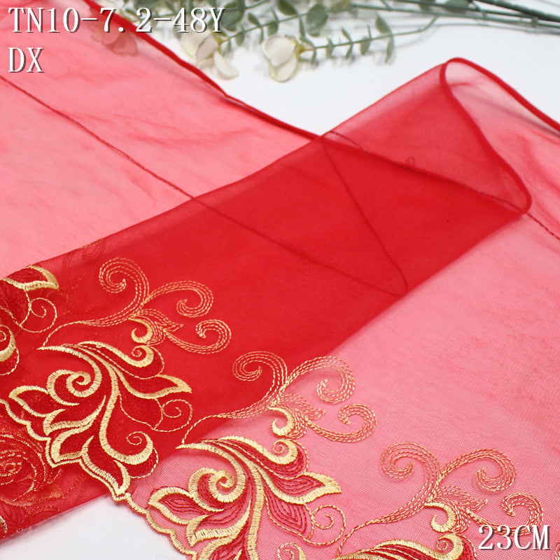 FREEDOMBEAUTY | Chinese gold-red rolled grass pattern red mesh embroidery lace 24cm veil wedding dress decoration accessories