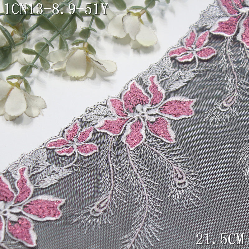 FREEDOMBEAUTY | [1Pack] Black mesh classic silver thread flower spike embroidery lace 21.5cm performance clothing dress up lace accessories