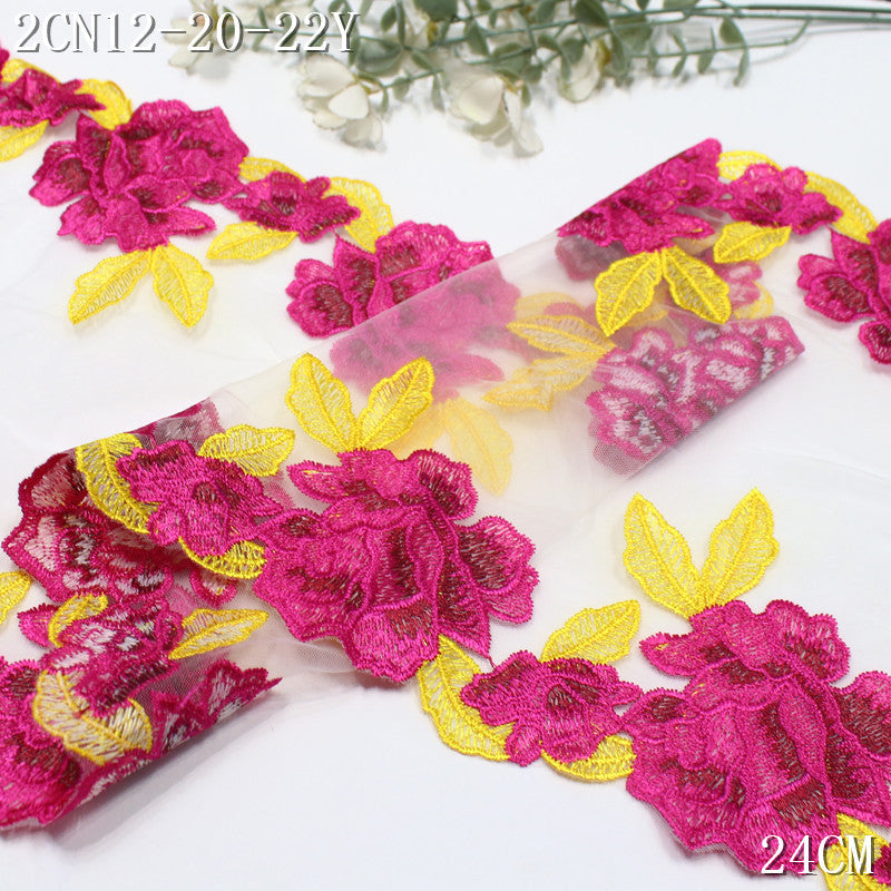 FREEDOMBEAUTY | Vintage Bilateral Rose Red Floral Mesh Embroidery Lace 24cm Clothing Underwear Home Lace Accessories