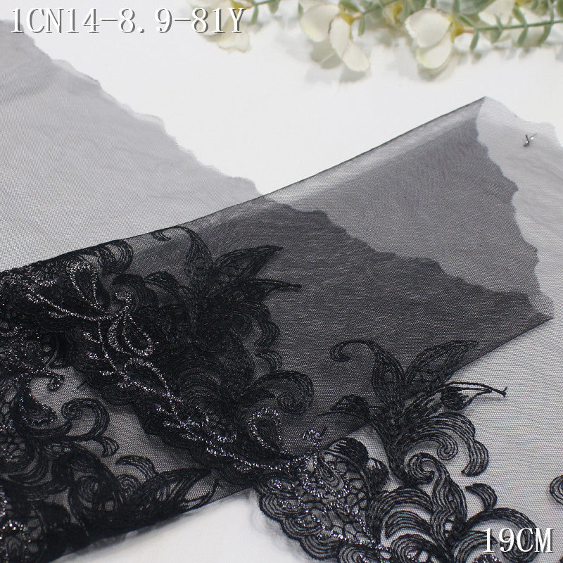 【1Pack】-Freedombeauty | Black light mesh classic unilateral silver thread pattern embroidery lace 19cm clothing accessories DIY accessories