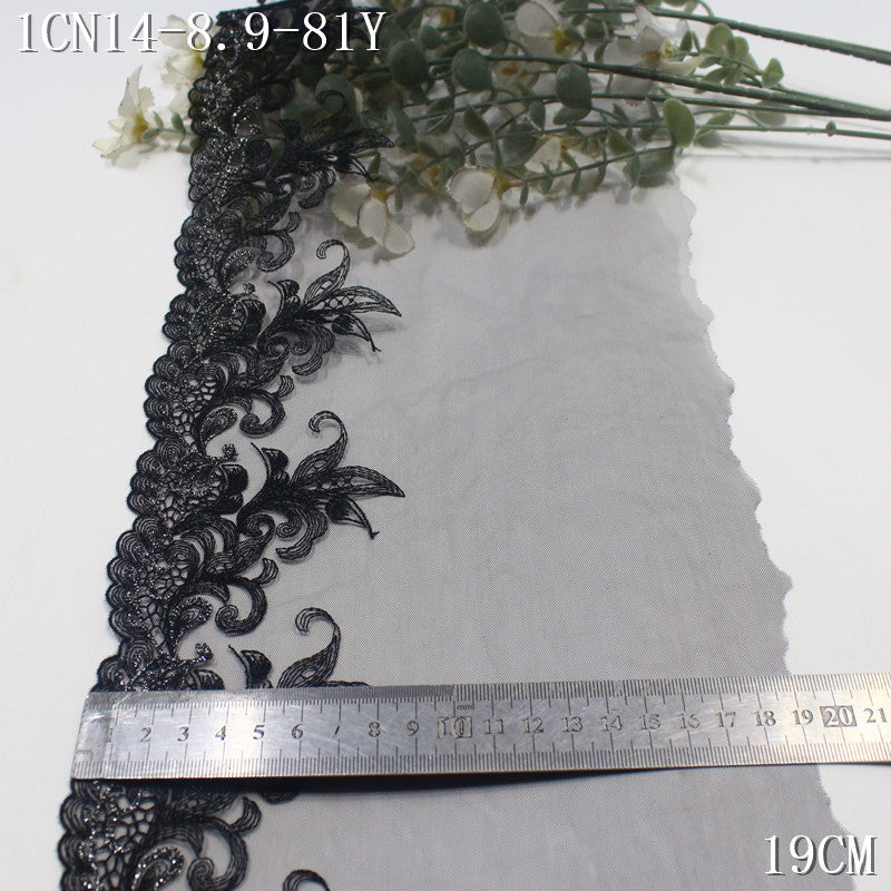 【1Pack】-Freedombeauty | Black light mesh classic unilateral silver thread pattern embroidery lace 19cm clothing accessories DIY accessories
