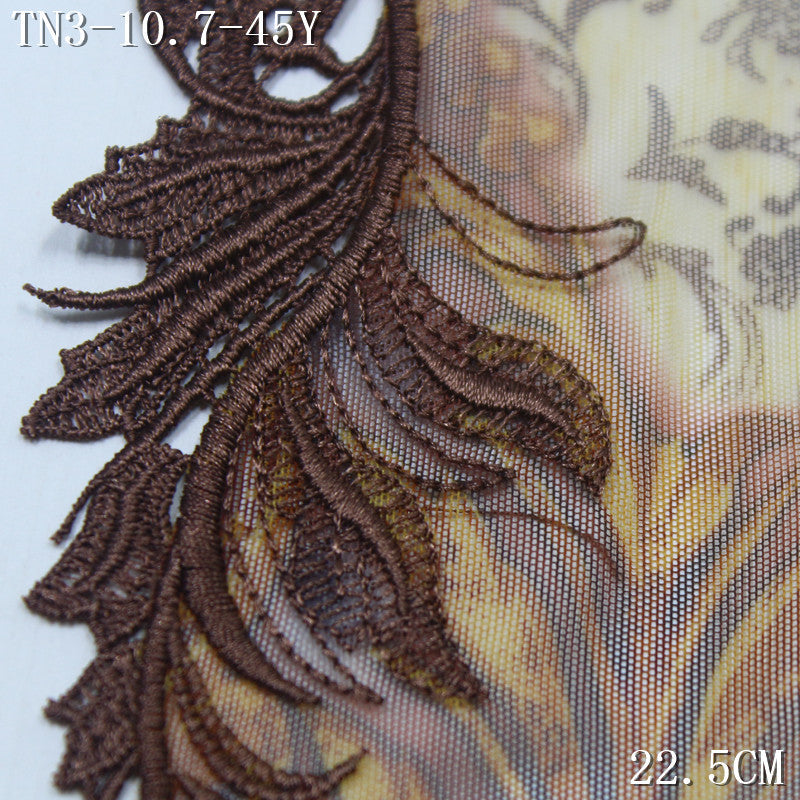 FREEDOMBEAUTY | Vintage brown printed mesh yarn unilateral rolled grass pattern embroidery lace 22.5cm clothing handmade accessories