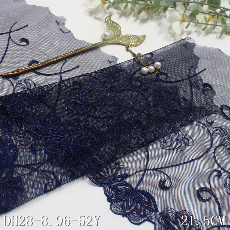 FREEDOMBEAUTY | [1Pack] Elegant retro navy blue mesh yarn unilateral vine flower embroidery lace 21.5cm clothing accessories