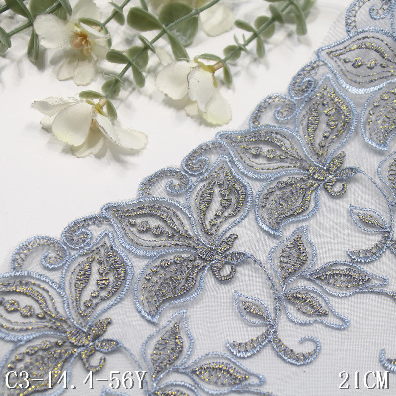 FREEDOMBEAUTY | [1Pack] dark gray and blue mesh embroidery lace fashion gold thread leaves, dress wedding veil lace accessories