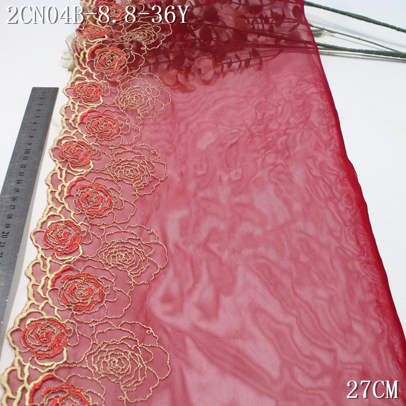 FREEDOMBEAUTY | Crimson mesh rose flower pattern embroidery lace, dress veil skirt lace accessories