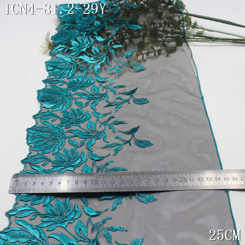 【1Pack】-Freedombeauty | European and American black mesh yarn pressed yarn bright dark green texture flower embroidery 25cm high-end clothing accessories