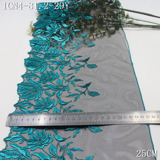 【1Pack】-Freedombeauty | European and American black mesh yarn pressed yarn bright dark green texture flower embroidery 25cm high-end clothing accessories