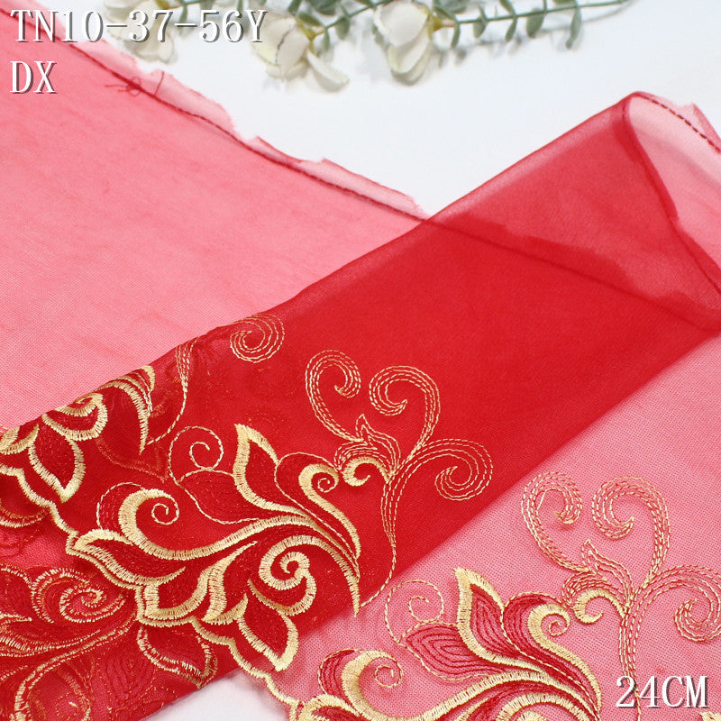 FREEDOMBEAUTY | Chinese gold-red rolled grass pattern red mesh embroidery lace 24cm veil wedding dress decoration accessories