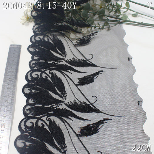 FREEDOMBEAUTY | [1Pack] Black Gothic feathers falling mesh embroidery lace, fashion dress decoration lace accessories