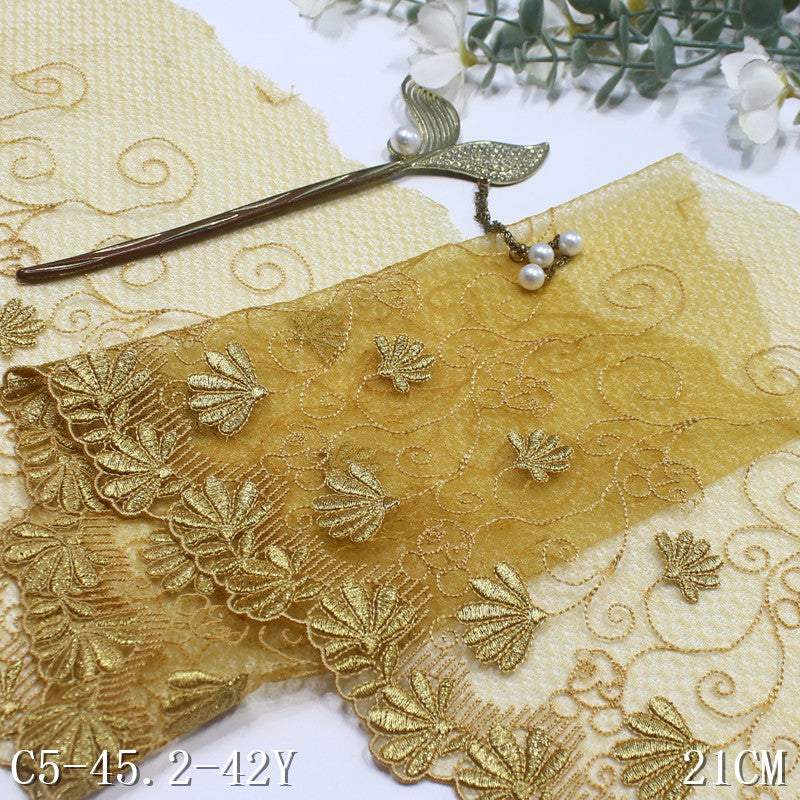 FREEDOMBEAUTY | Gold lace mesh gold thread leaf-rolled embroidery lace, luxury dress DIY lace accessories