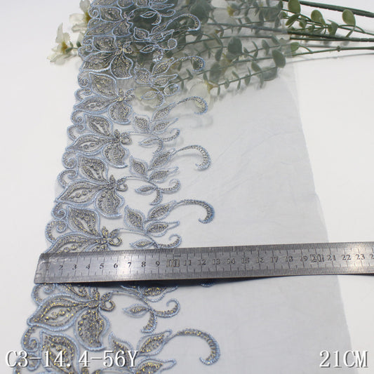 FREEDOMBEAUTY | [1Pack] dark gray and blue mesh embroidery lace fashion gold thread leaves, dress wedding veil lace accessories