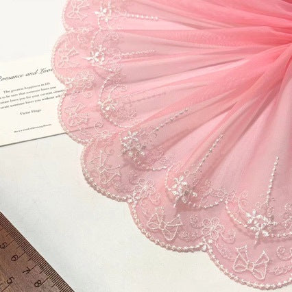 FREEDOMBEAUTY | Spot light pink white bow embroidery mesh lace accessories decorative design DIY clothing