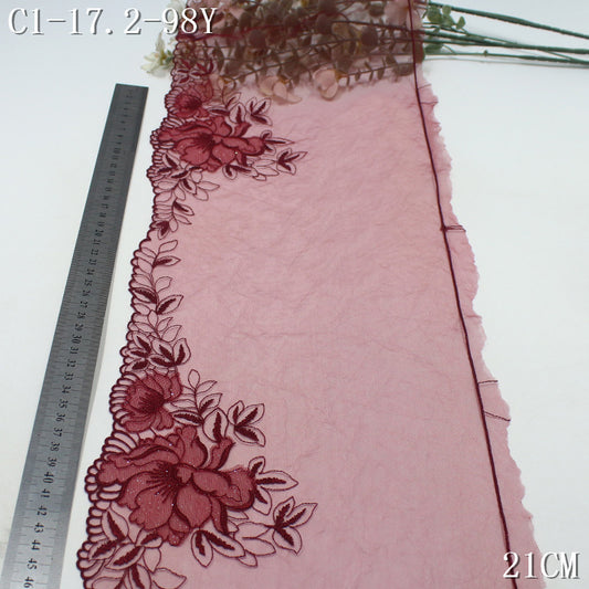 FREEDOMBEAUTY | [1Pack] Burgundy light mesh double-layer fine flash flower embroidery lace 21cm clothing accessories home textile accessories