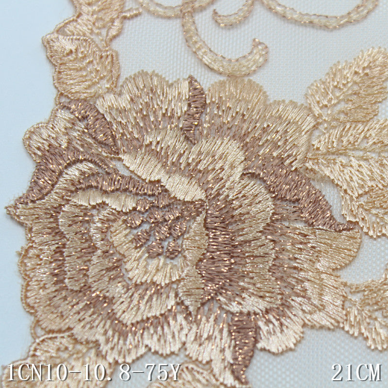 FREEDOMBEAUTY | Apricot mesh delicate gold thread flower embroidery lace, high-end clothing home textile lace accessories