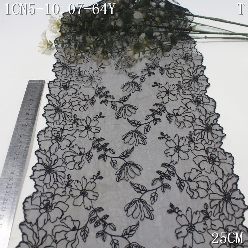 【1Pack】-Freedombeauty | Black mesh embroidery lace bilateral tracing plant flower 25cm clothing jewelry home textile DIY accessories