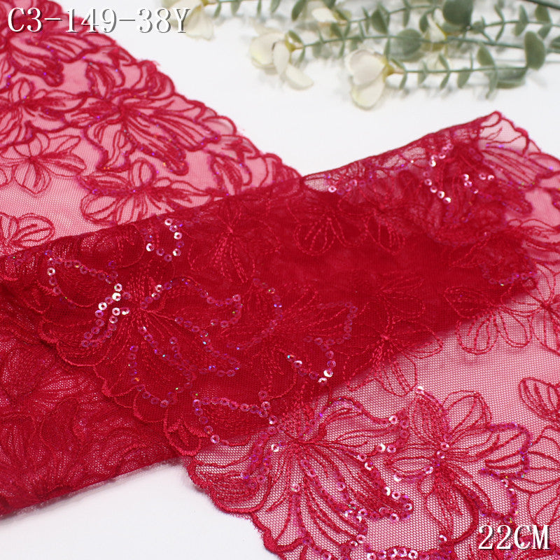 FREEDOMBEAUTY | [1Pack] Red full-width sequin tracing flower mesh embroidery lace 31cm dress stage clothing dressing accessories