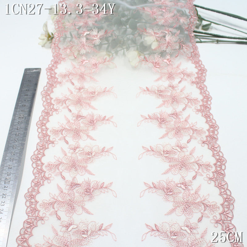 FREEDOMBEAUTY | [1Pack] Spring New Bilateral Pink Flower Mesh Embroidery Lace 25cm Dress Clothing Lace Accessories