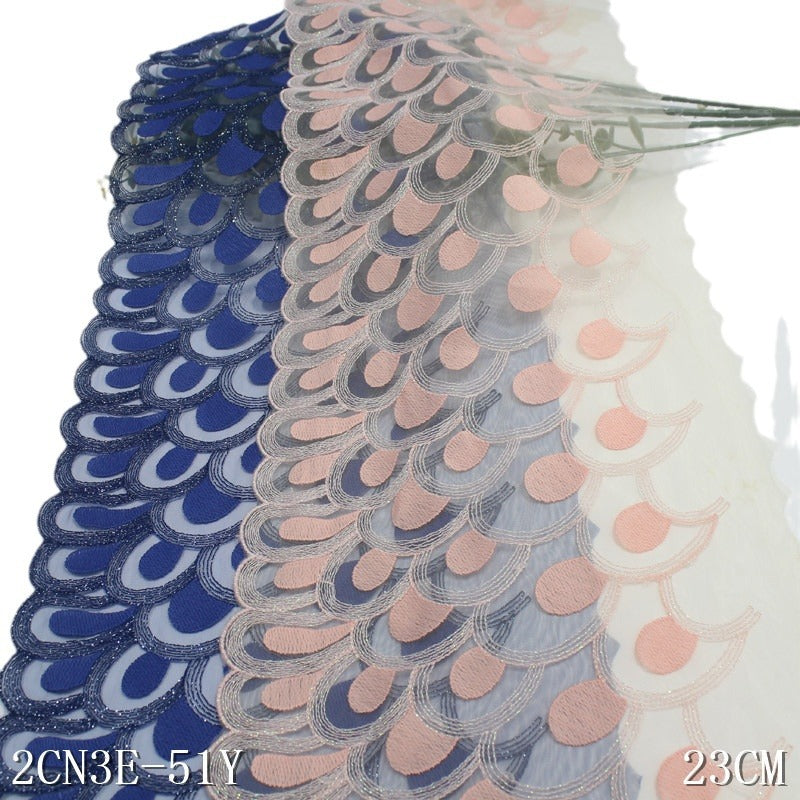 FREEDOMBEAUTY | [1Pack] Naked pink mesh peacock feather pattern silver thread embroidery lace 23cm fashion dress lace accessories