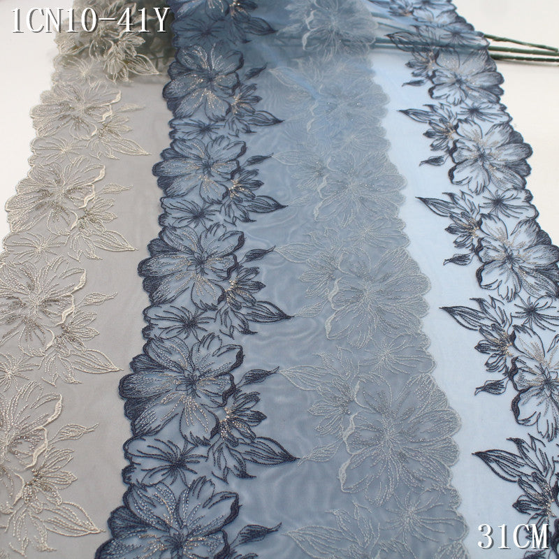 FREEDOMBEAUTY | [1Pack] Cool classical multi-color bilateral silver thread large flower embroidery lace 31cm clothing dress headscarf lace accessories