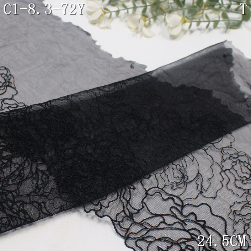 【1Pack】-Freedombeauty | Black mesh yarn simple unilateral tracing tight floral embroidery lace 24.5cm clothing accessories