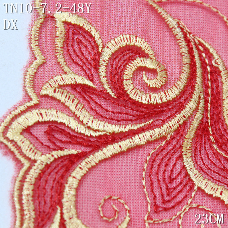 FREEDOMBEAUTY | Chinese gold-red rolled grass pattern red mesh embroidery lace 24cm veil wedding dress decoration accessories