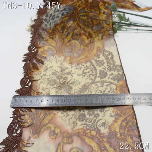 FREEDOMBEAUTY | Vintage brown printed mesh yarn unilateral rolled grass pattern embroidery lace 22.5cm clothing handmade accessories