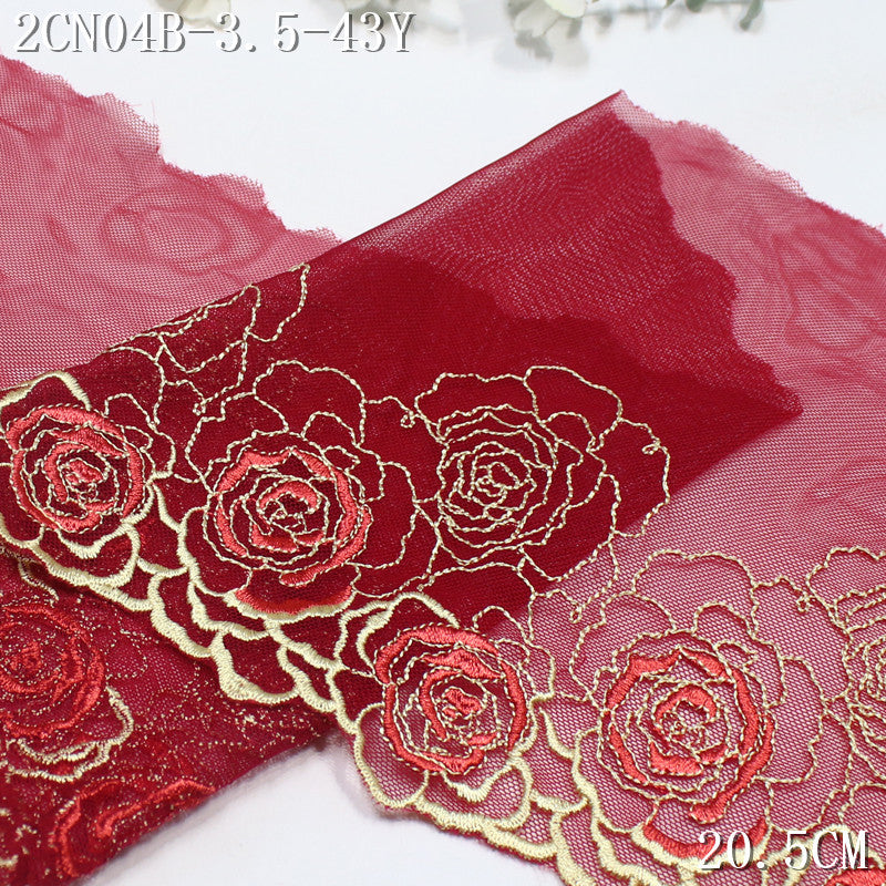 FREEDOMBEAUTY | Crimson mesh rose flower pattern embroidery lace, dress veil skirt lace accessories