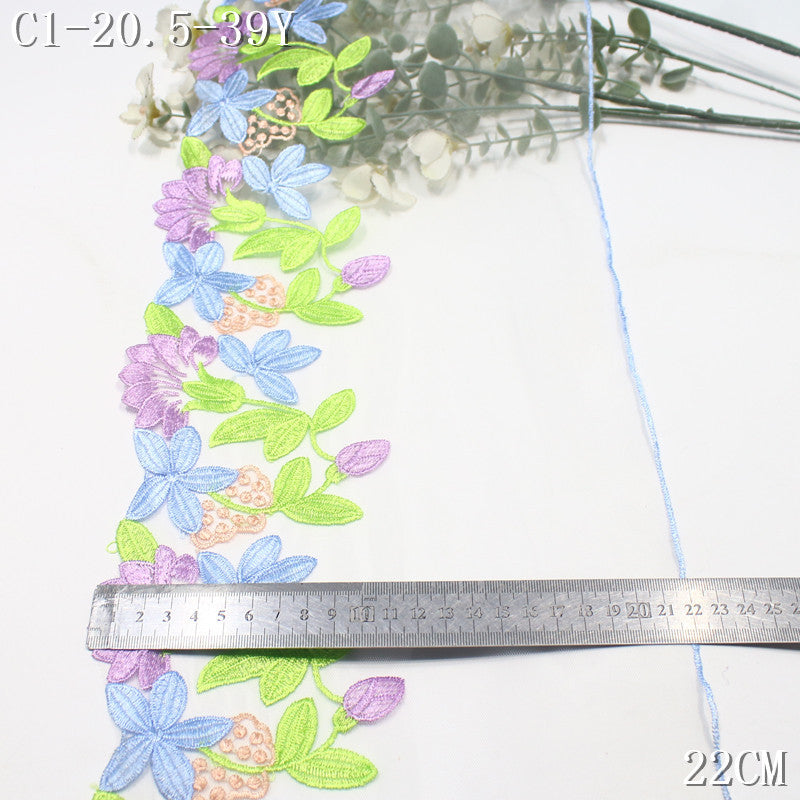 FREEDOMBEAUTY | [1Pack] Fresh Color Flowers Green Leaf Mesh Embroidery Lace 22cm Clothing Dress-up Handmade DIY Lace Accessories