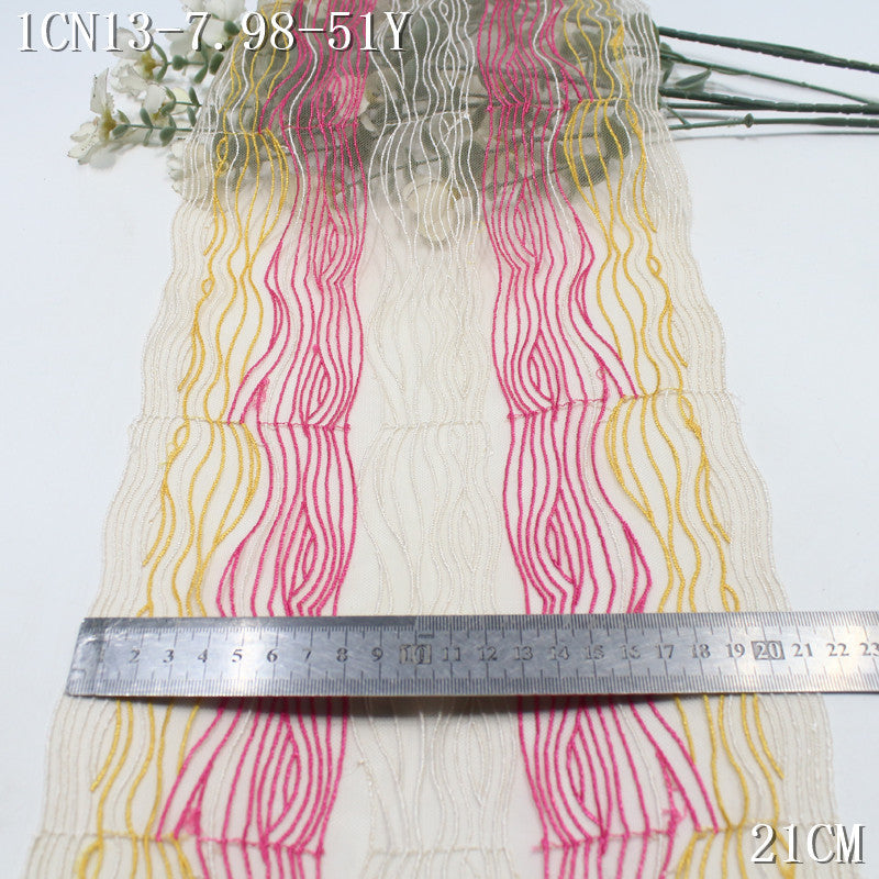 【1Pack】-Freedombeauty | Fashion yellow pink and white color matching wavy line pattern embroidery lace 21cm clothing accessories handmade accessories
