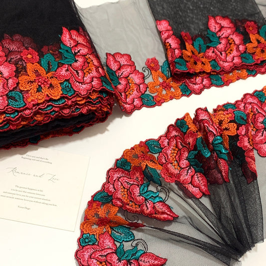 FREEDOMBEAUTY | Spot Heavy Industry Full Black and Red Embroidery Mesh Lace Lace Design DIY Apparel Fabric