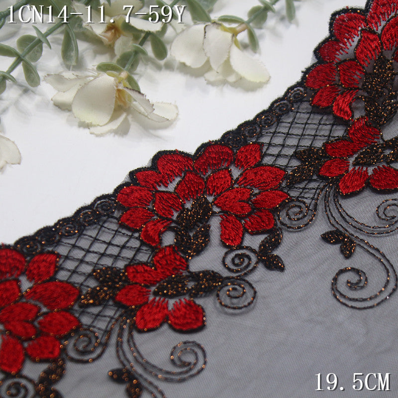 【1Pack】-Freedombeauty | Classic Black Mesh Unilateral Gold Thread Safflower Embroidery Lace 19.5cm Clothing Accessories Home Textile Accessories