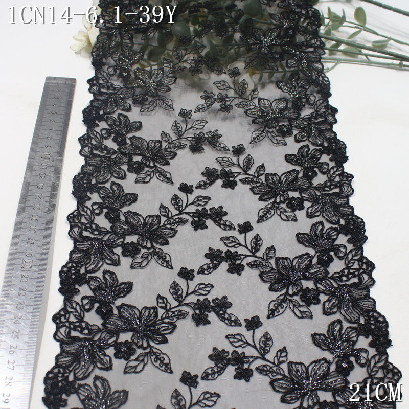 FREEDOMBEAUTY | [1Pack] Retro exquisite black mesh silver thread flower branches and leaves embroidered lace 21cm skirt headdress dress accessories