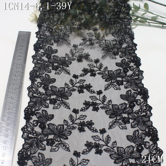FREEDOMBEAUTY | [1Pack] Retro exquisite black mesh silver thread flower branches and leaves embroidered lace 21cm skirt headdress dress accessories