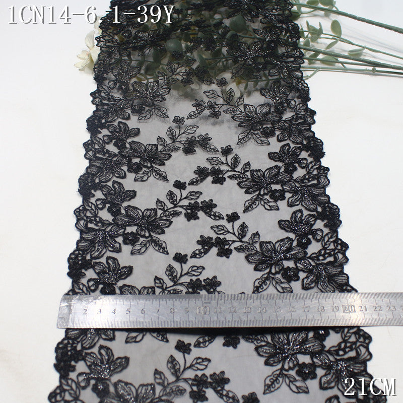 FREEDOMBEAUTY | [1Pack] Retro exquisite black mesh silver thread flower branches and leaves embroidered lace 21cm skirt headdress dress accessories