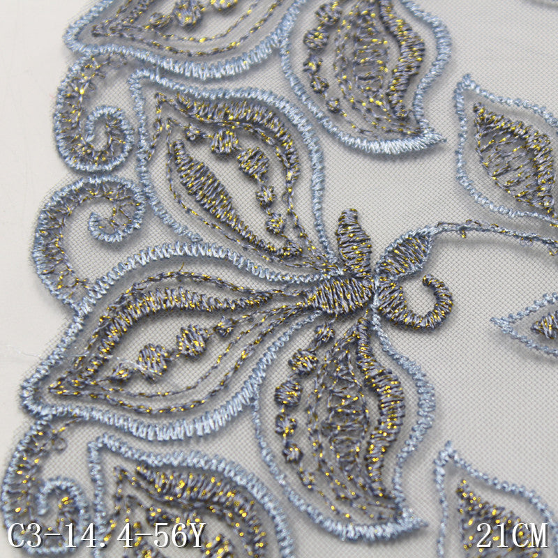 FREEDOMBEAUTY | [1Pack] dark gray and blue mesh embroidery lace fashion gold thread leaves, dress wedding veil lace accessories