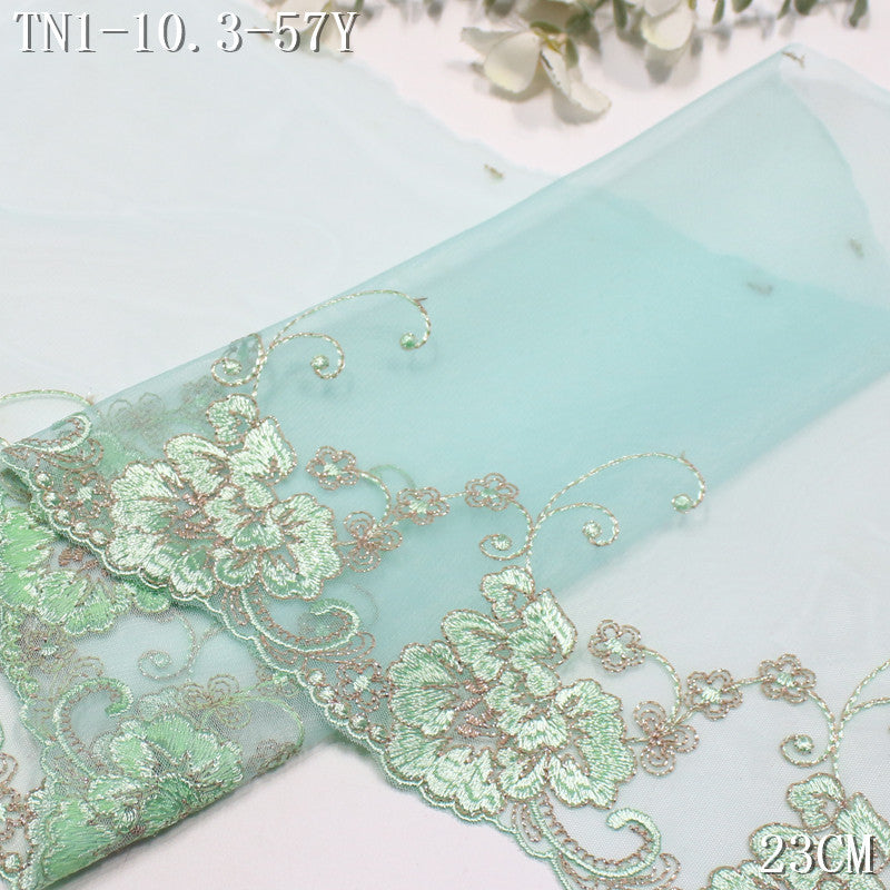 FREEDOMBEAUTY | [1Pack] Mint green mesh natural gold thread flower embroidery lace, Hanfu skirt decoration dress lace accessories