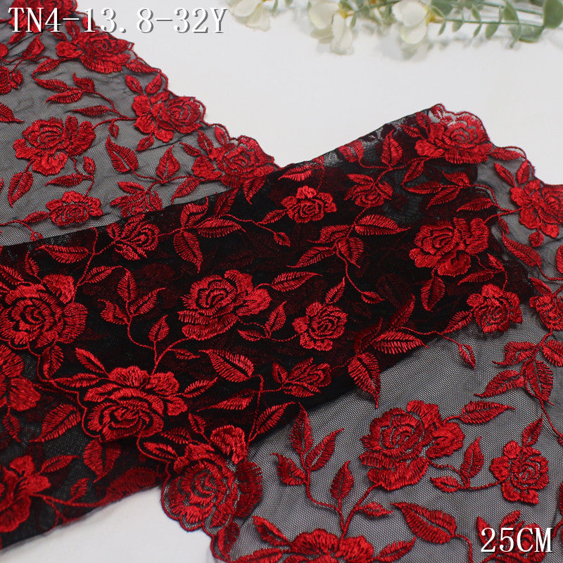 【1Pack】-Freedombeauty | Red and green mesh yarn full polyester thread flower plant elastic embroidery lace 27cm clothing accessories DIY accessories