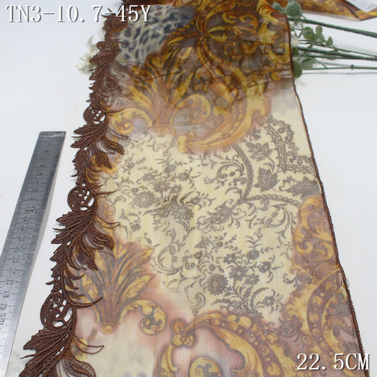 FREEDOMBEAUTY | Vintage brown printed mesh yarn unilateral rolled grass pattern embroidery lace 22.5cm clothing handmade accessories