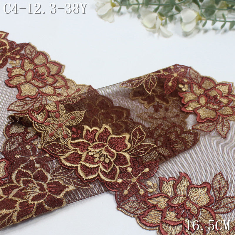 【1Pack】-Freedombeauty | Antique two-color mesh yarn bilateral fine embroidery flower embroidery lace 16.5cm texture clothing DIY accessories