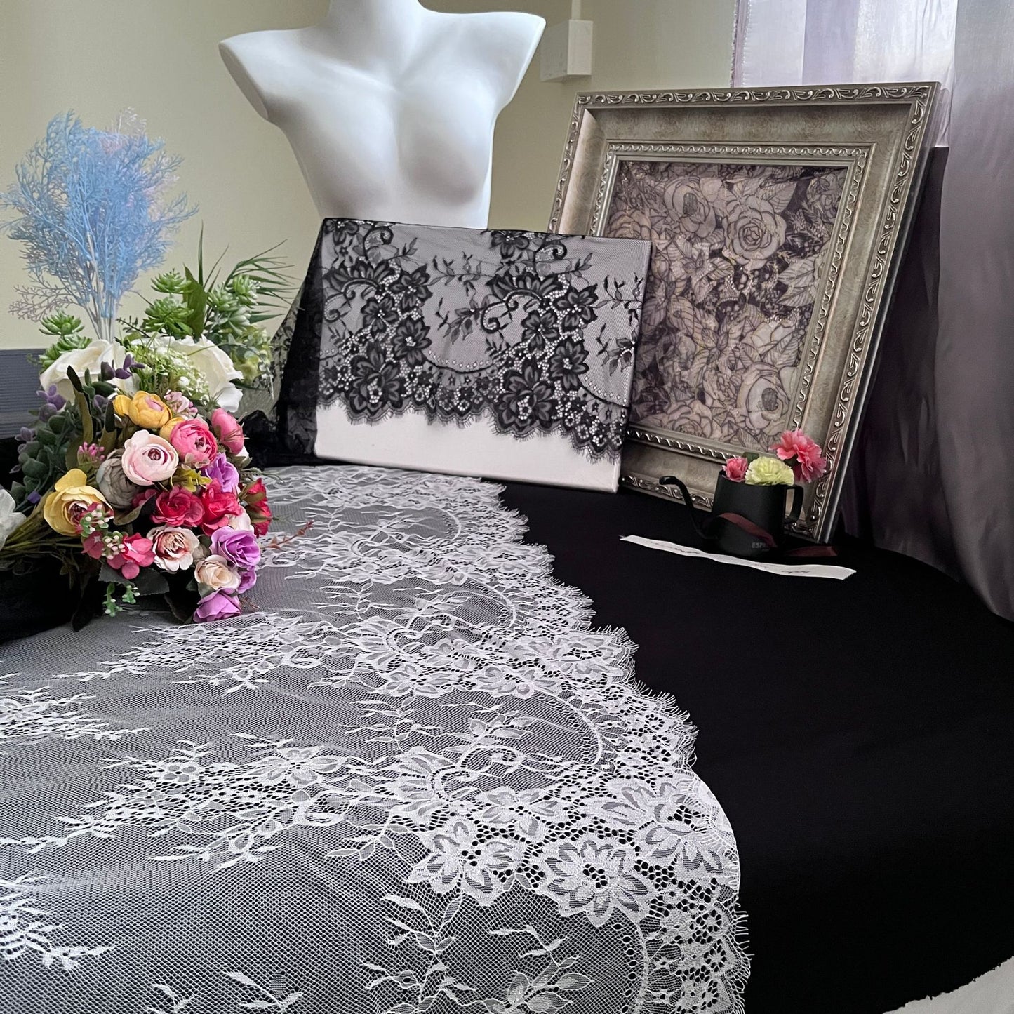 FREEDOMBEAUTY | Lace eyelash fabric black and white dress nylon eyelash lace fabric 150cm lace accessories ins