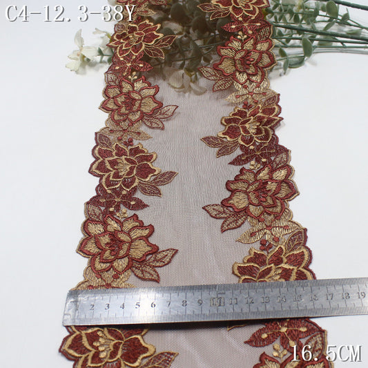 【1Pack】-Freedombeauty | Antique two-color mesh yarn bilateral fine embroidery flower embroidery lace 16.5cm texture clothing DIY accessories