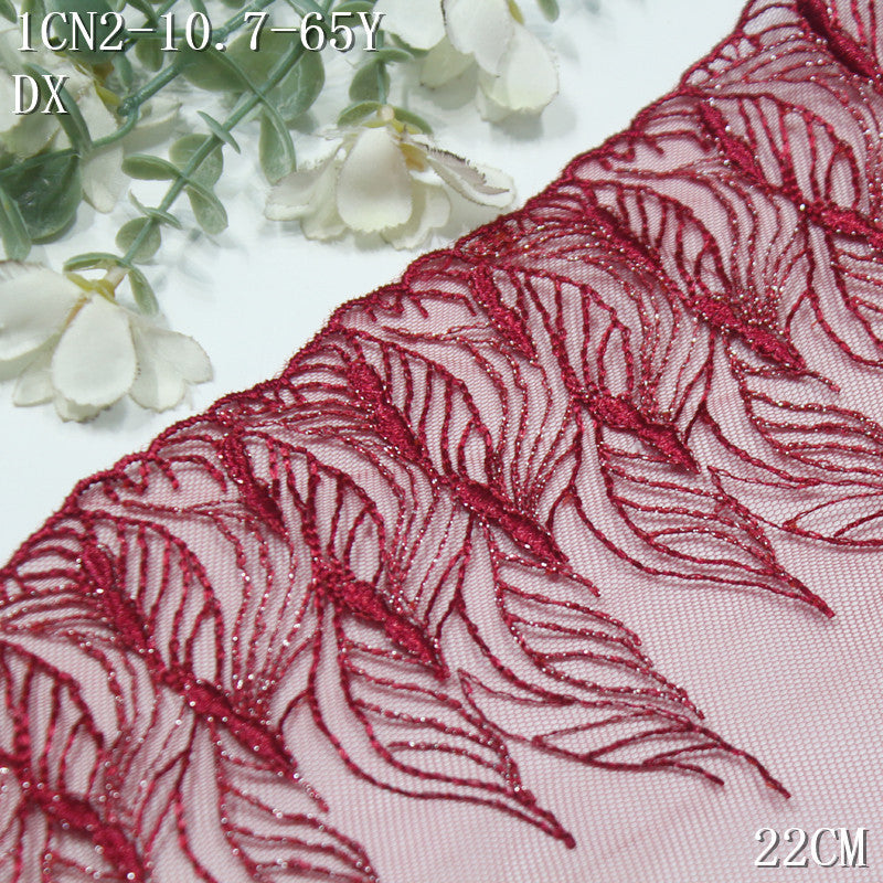 FREEDOMBEAUTY | Modern Crimson Silver Thread Rolled Leaf Mesh Embroidery Lace, Clothing Dress Lace Accessories