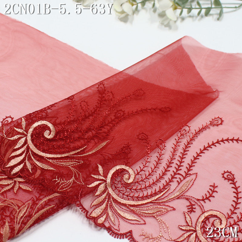 FREEDOMBEAUTY | Dark red curly grass pattern phoenix tail mesh embroidery lace, national style clothing Hanfu lace accessories DIY