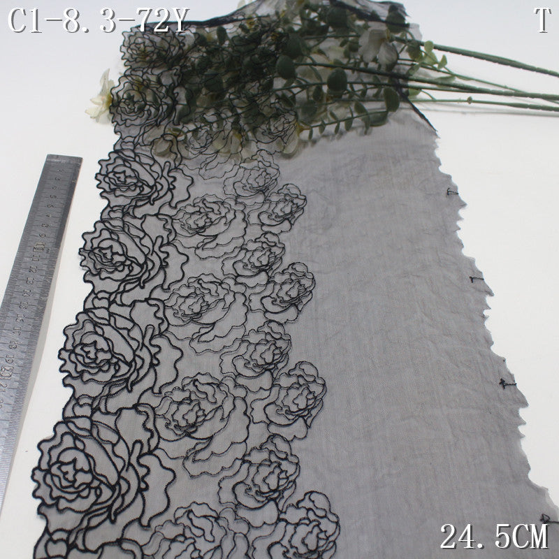 【1Pack】-Freedombeauty | Black mesh yarn simple unilateral tracing tight floral embroidery lace 24.5cm clothing accessories