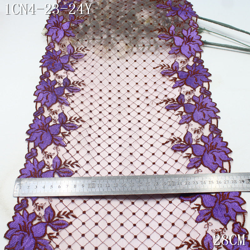 FREEDOMBEAUTY | Two-color plaid mesh bilateral purple flower embroidery lace 26cm clothing curtain lace accessories